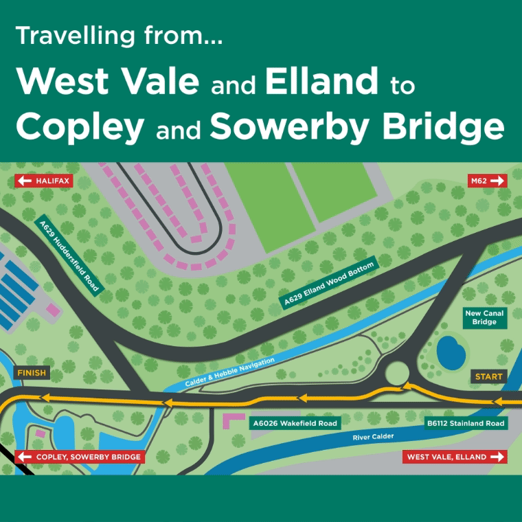 View of the area with arrow linking West Vale to Copley via A6026 Wakefield Road.